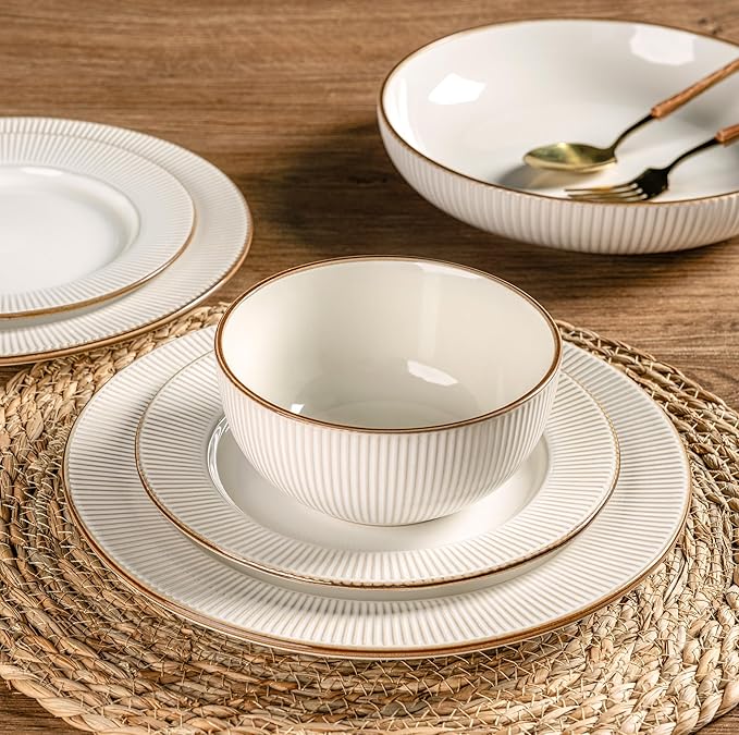 GBHOME Ceramic Dinnerware Sets,18 pcs Embossed Elegant Stoneware Plates and Bowls Sets, Housewarming Wedding Gift | Dishwasher & Microwave Safe | Dishes Set Service for 6