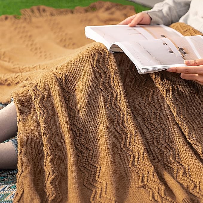 MIULEE Knitted Brown Throw Blanket for Couch,Boho Bed Decor Knit Outdoor Blankets Throw Size with Tassels Cozy Woven for Sofa Home Chair Wave Pattern 50" x 60" Inches