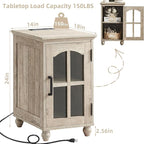 Narrow Side Table,Farmhouse Nightstand with Charging Station,Wood End Table with Glass Barn Door Storage, Cabinet Organizer with Adjustable Shelf, Night Stand for Small Spaces for Living Room Bedroom