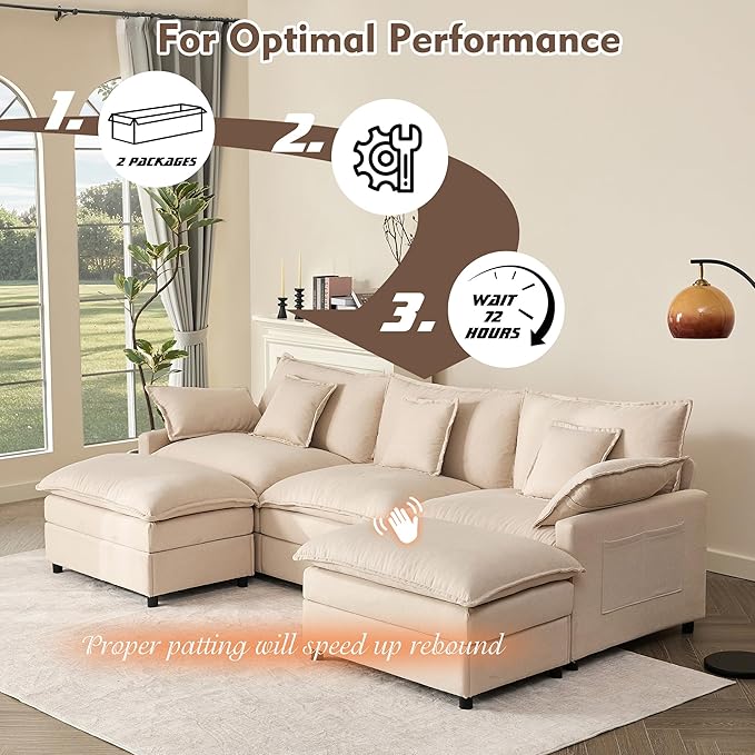 108" U Shaped Couch, Modular Sectional Sofa, 3-Seater Comfy Cloud Couch with Movable Ottoman, Deep Seat Couches for Living Room, Linen, Beige