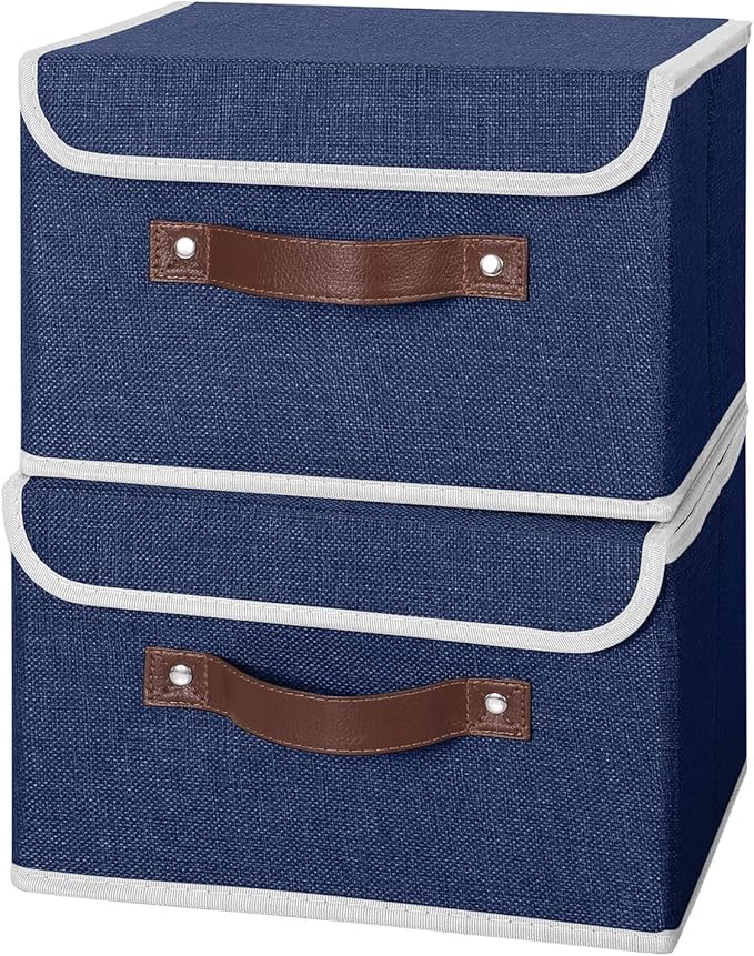 ANMINY 4PCS Storage Bins with Lid PU Leather Handles Storage Boxes PP Plastic Board Decorative Foldable Lidded Cotton Linen Fabric Home Cubes Baskets Closet Organizer Containers - Blue, Small Size