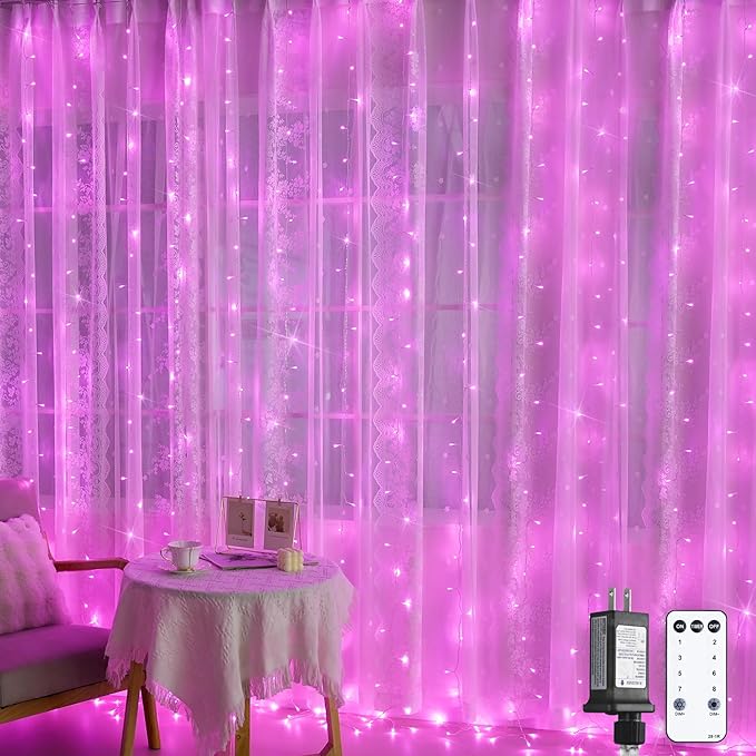 JMEXSUSS 300 LED Pink Curtain Lights Indoor, Christmas Lights Plug in, 8 Modes Pink String Lights for Bedroom Window Wall Party Backdrop Xmas Valentine Decorations, 9.8x9.8ft