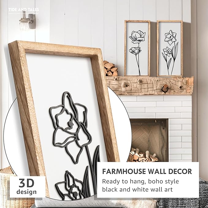 3D Black and White Wall Art (Set of 2) Lightweight, Wooden Ready-to-Hang Framed Floral Wall Art for Bathroom, Bedroom, Living Room or Office – Boho Botanical Farmhouse Decor – Gift-Boxed