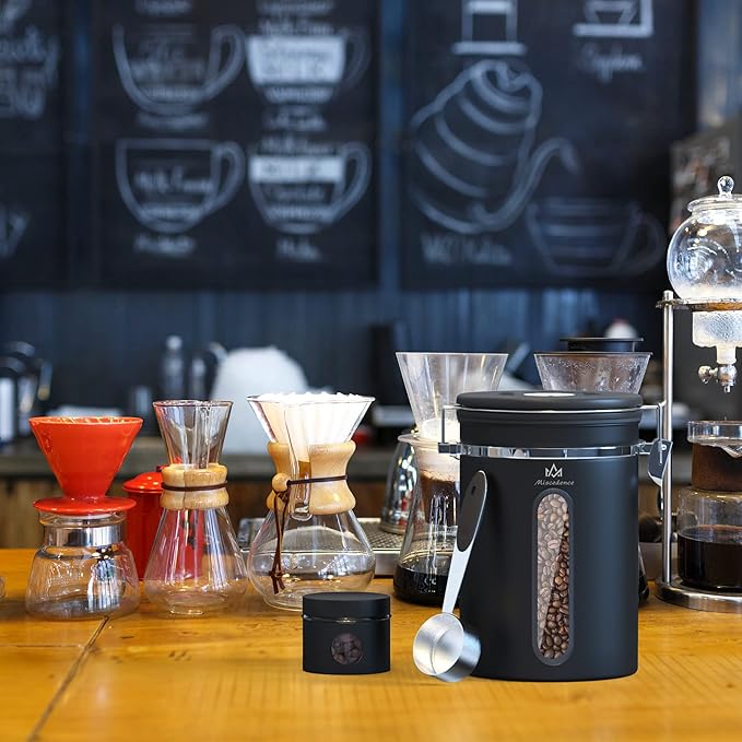 Coffee Canister for ground coffee with Transparent Window,Date Tracker CO2 Valve 304 Stainless Steel Kitchen Food Airtight storage container for Coffee Beans or Grounds, Tea, Sugar(black 22OZ)