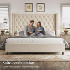 PaPaJet Queen Size Bed Frame with 61.4" Tall Headboard, Velvet Modern Upholstered Tufted Bed for Adults, Handmade Deep Button Tufting, Solid Wood Legs, No Box Spring Required, Cream