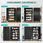 Metal Storages Cabinet with 2 Doors and 5 Shelves,Tall Storage Cabinet,Large Cupboard Closet,Pantry Storage Cabinet for Home,Office,Bathroom,Dining/Living Room (Black, 71" H)