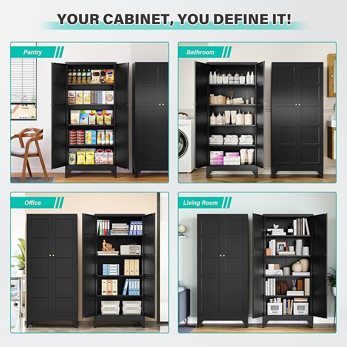Metal Storage Cabinets with 2 Doors and 5 Shelves,Tall Storage Cabinet,Large Cupboard Closet,Pantry Storage Cabinet for Home,Office,Bathroom,Dining/Living Room (Black, 72" H)