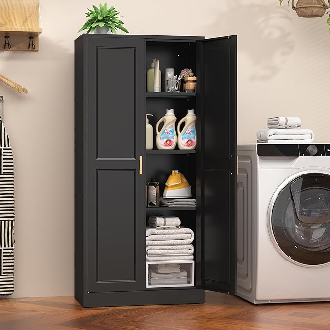 60" Tall Metal Pantry Cabinet, Black Kitchen Pantry Storage Cabinet with Doors and 3 Adjustable Shelves, Cupboard for Kitchen, Dining Room, Living Room, Bathroom