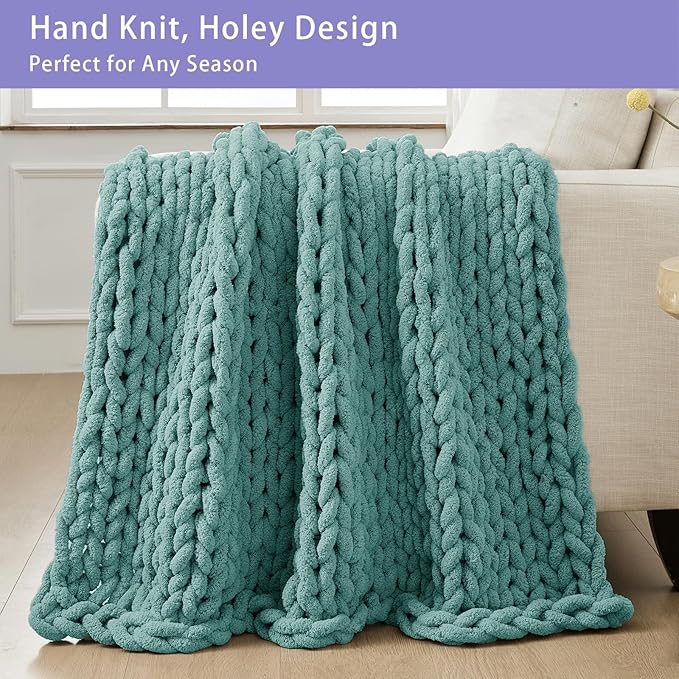 Bigacogo Chunky Knit Throw Blanket for Couch, 51x63 inches, 100% Hand Knitted with Thick Jumbo Chenille Yarn, Cozy Soft Large Rope Knot Cable Crochet Blankets for Sofa Bed Living Room, Light Teal