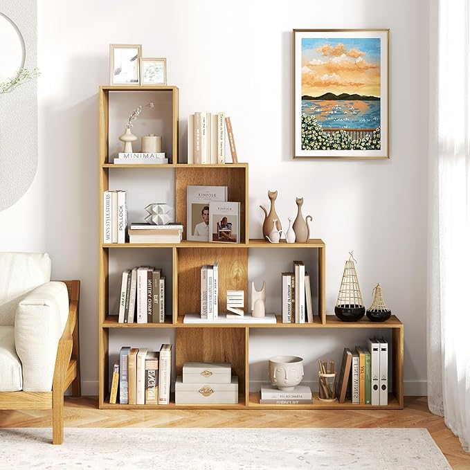 Tangkula 4-Tier Stepped Bookshelf, Freestanding 6 Cubes Ladder Bookcase with Anti-Tipping Kits, 64" Tall Modern Wooden Storage Display Rack for Home Office Living Room Study (1, Natural)