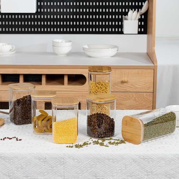 52oz Airtight Glass Square Storage Canister with Bamboo Lid Set of 3 (1550ml) Container Stackable Spice Jar, Kitchen Canister for Flour, Cookies, Cereal and Coffee beans (‎with Black Lable)