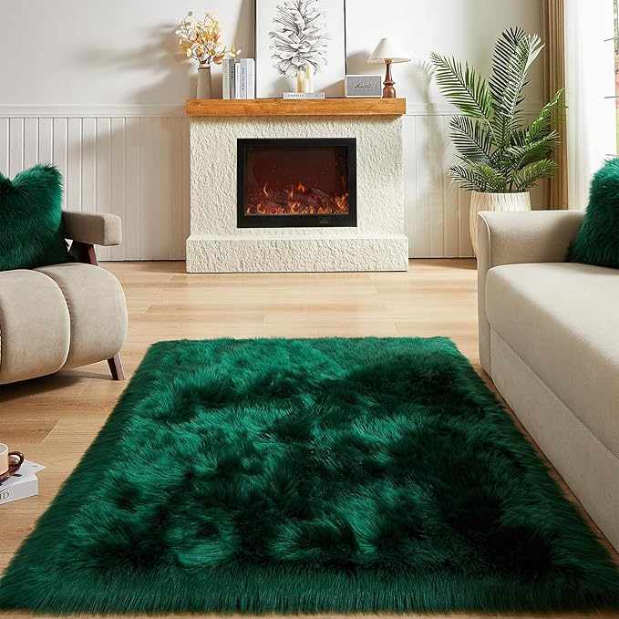 AMTOVO Faux Fur Sheepskin Rug for Living Room, 4 x 6 ft Dark Green Fluffy Area Rug for Bedroom, Playroom, Luxury Room Decor, Rectangle