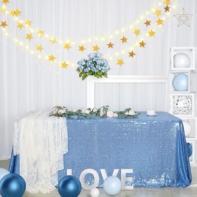 SquarePie Sequin Tablecloth 90 x 156 Inch Baby Blue Sparkly Table Linen for Wedding Party