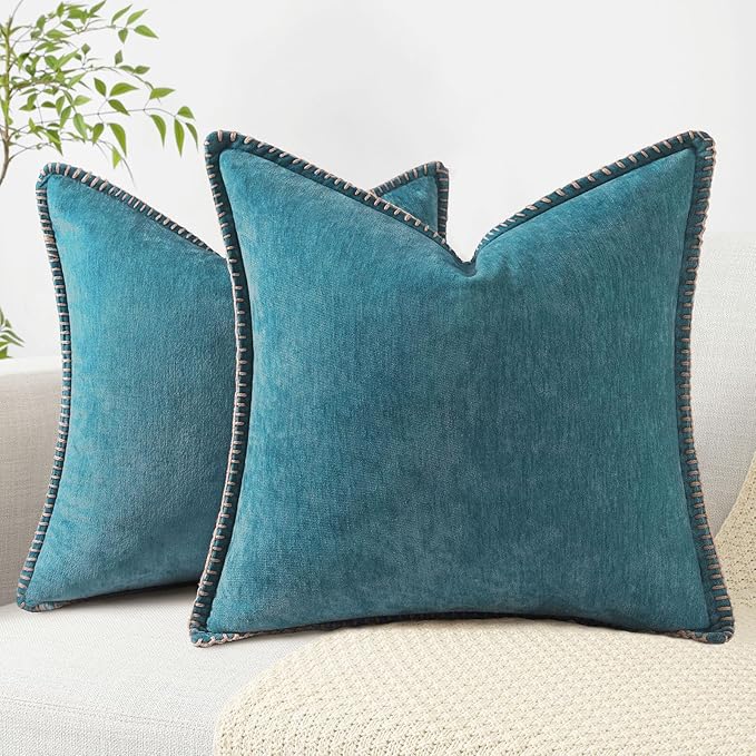 decorUhome Chenille Soft Throw Pillow Covers 22x22 Set of 2, Farmhouse Velvet Neutral Decorative Euro Pillow Covers with Stitched Edge for Couch Sofa Bed Home Decor, Teal