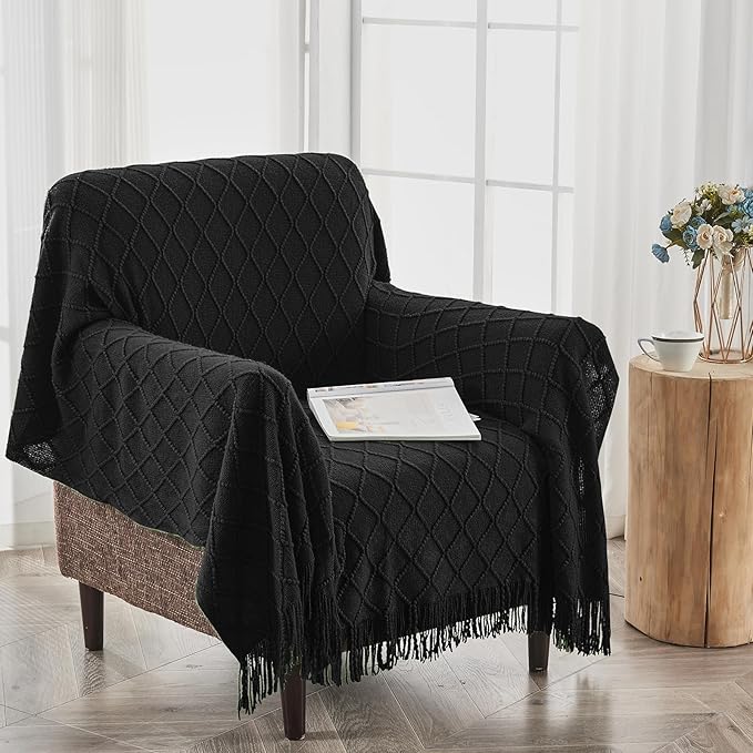 inhand Knitted Throw Blankets for Couch and Bed, Soft Cozy Knit Blanket with Tassel, Black Lightweight Decorative Blankets and Throws, Farmhouse Warm Woven Blanket for Men and Women, 50"x60"