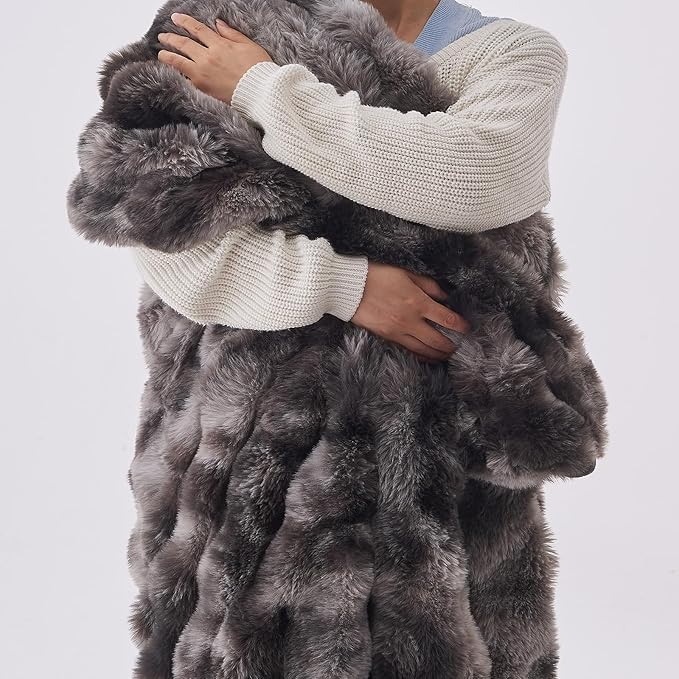 Lotus Karen Faux Fur Throw Blanket Tie-Dye Dark Gray - Big Bubble Rabbit Fluff Blanket for Couch, Small Fluffy Fuzzy Cozy Blanket, Thick Furry Plush Shaggy Blankets, 50x60 Inches