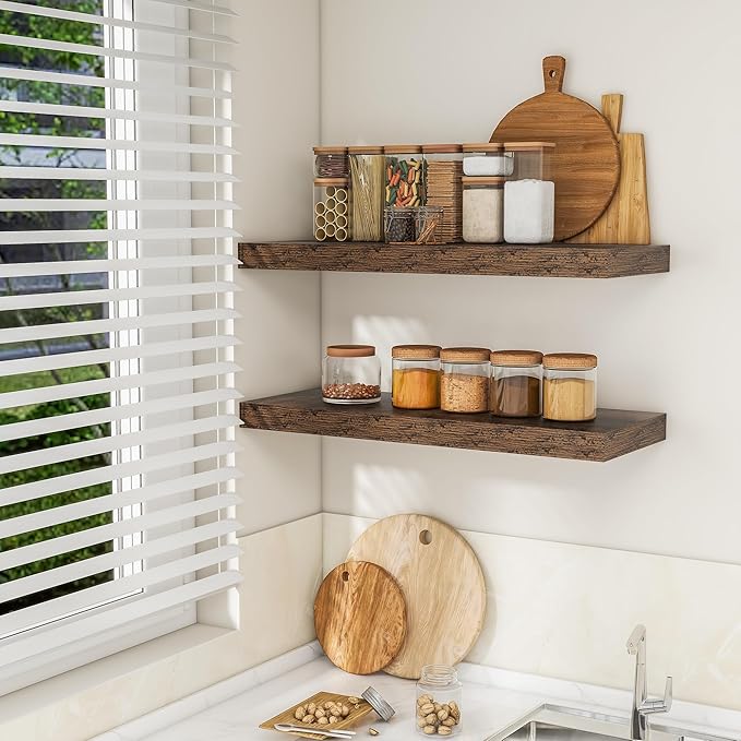 RICHFOCUS 36Inch Floating Shelves for Wall 2 Pack Shelves for Bedroom|Kitchen|Bathroom Wall Mounted Rustic Wood Floating Shelf with Invisible Brackets for Books|Storage|Decor, Rustic Brown
