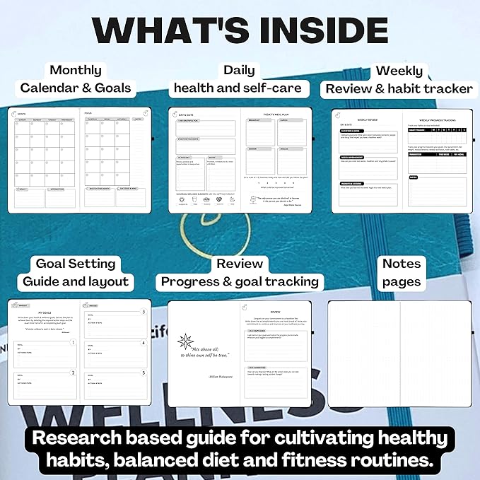 Life & Apples Wellness Journal Planner – Food Log, Fitness Tracker, Habit Tracker, Weight Loss Journal for Diet Tracking and Health Goals, Undated, Size A5 Aquamarine
