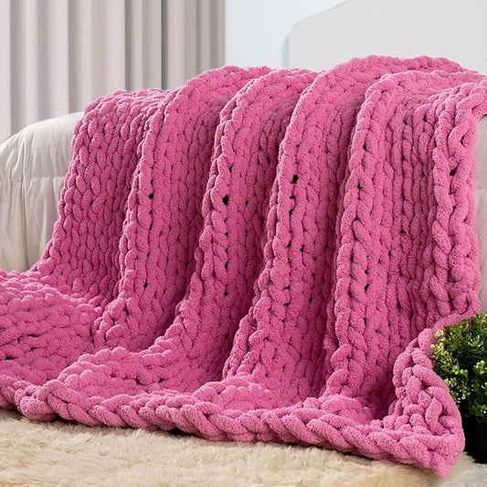 Carriediosa Chunky Knit Throw Blanket 60" X 80" Twin, 100% Hand Made Large Chenille Loop Yarn Soft Fluffy Throws for Couch Sofa Bed, Big Crochet Cozy Heavy Thick Cable Woven Blankets, Hot Pink