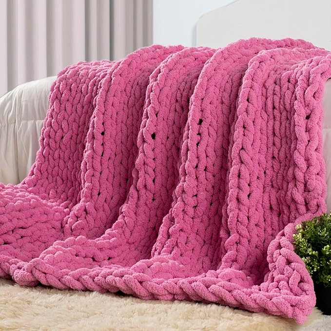 Carriediosa Chunky Knit Throw Blanket 50" X 60", 100% Hand Made Large Chenille Loop Yarn Soft Fluffy Throws for Couch Sofa Bed, Big Crochet Cozy Heavy Thick Cable Woven Blankets, Hot Pink