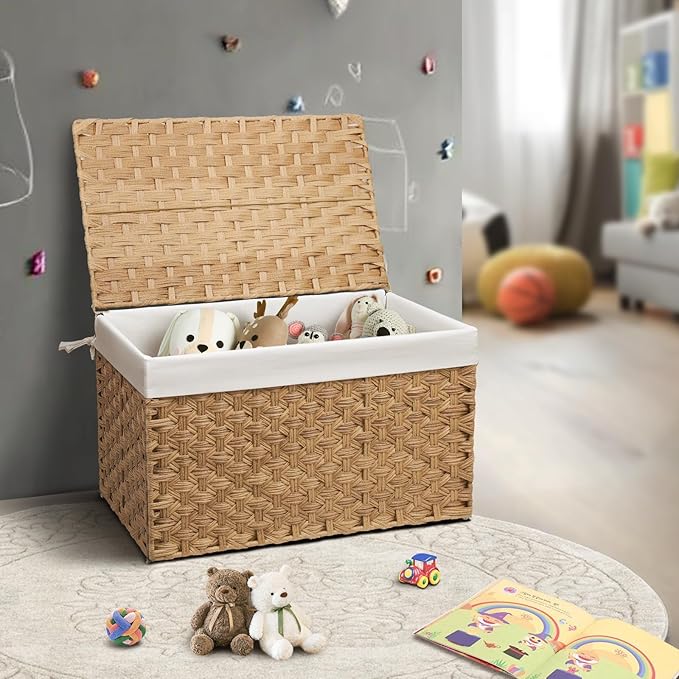 Wicker Storage Basket with Lid, 27.7 Gallon (105L) Large Blanket Basket with Lid, Woven Storage Bin with Handles, Removable Liner, Metal Frame, Foldable, for Bedroom, Laundry Room, Natural