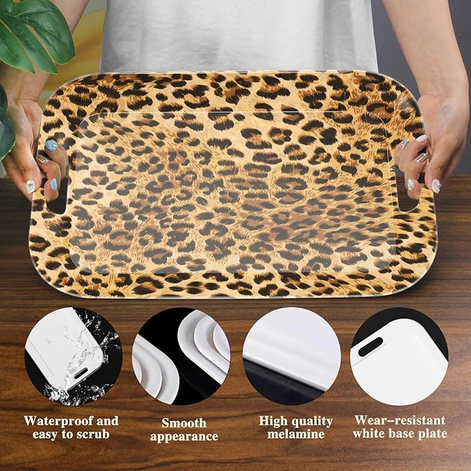 Serving Trays with Handles, 14.5 x 9.8 inch Rectangular Plastic Tray for Restaurant, Kitchen, Brown Leopard
