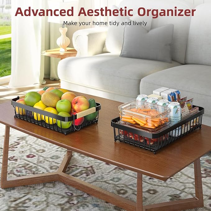 2 Tier Fruit Basket for Kitchen Counter with 2 Mobile Banana Hangers, 2025 Pro Detachable Metal Fruit Bowl with Wooden Handle, Fruit Holder for Bread Snack Veggies with Protective Mats