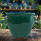 Sunnydaze Chalet Large Ceramic Plant Pot - Round Outdoor Glazed Ceramic Planter Pot with Drainage - Dark Green - 14.5"