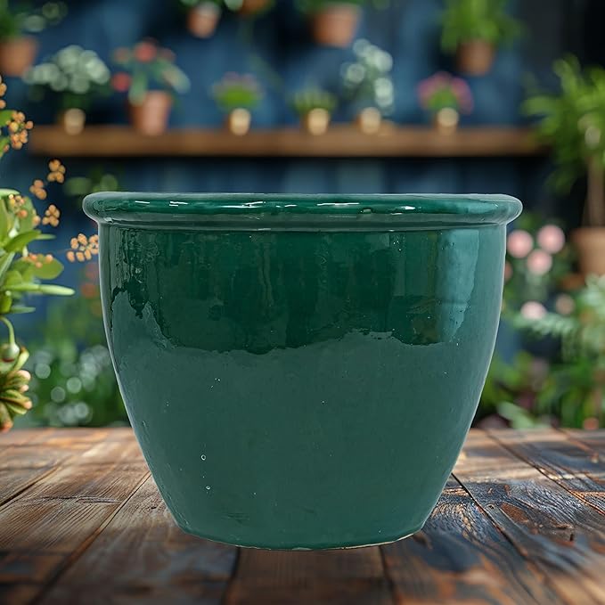 Sunnydaze Chalet Large Ceramic Plant Pot - Round Outdoor Glazed Ceramic Planter Pot with Drainage - Dark Green - 14.5"