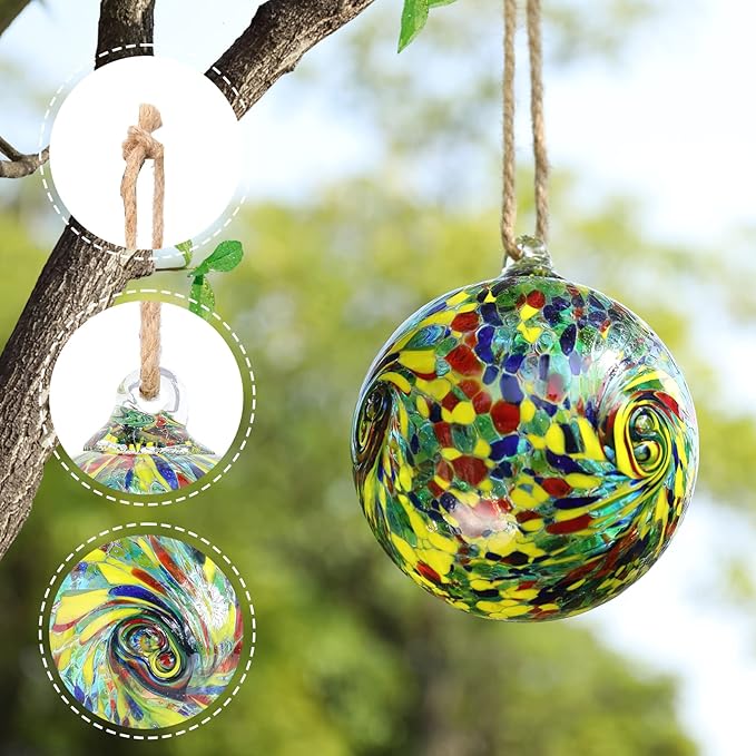 VCUTEKA Hanging Friendship Balls, Glass Ball Hand Made Witch Ball for Window Outdoor Garden Patio Décor, 6" Colorful Swirl