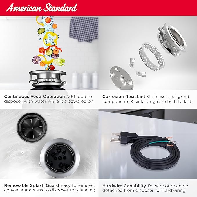American Standard 10-US-AS-12 Garbage Disposal Anti-Jam Stainless Steel Food Waste Grinding System, Heavy Duty, 1.25 HP, Black