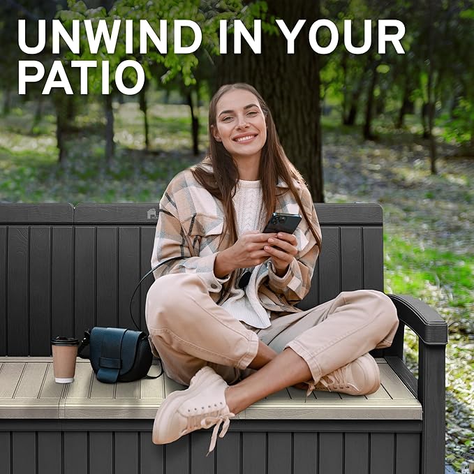 EconoHome 3 Seat Outdoor Storage Bench with Rain Cover - 90 Gallon Capacity - Weatherproof Resin Bench for Patio, Porch, Garden, Yard, Pool Area - Furniture for Pool Accessories, Gardening Tools