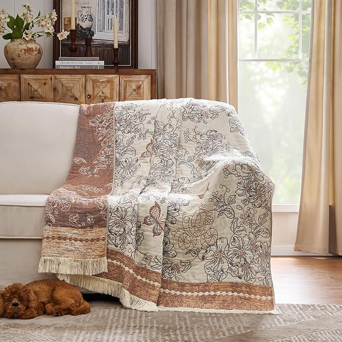 JINCHAN Boho Floral 100% Cotton Blanket 4-Layer Throw Blanket with Tassel Taupe and White Flower Butterfly Soft Luxury Rustic Farmhouse Decor Blanket for Couch Bed 60x80 inch All Season gift for women