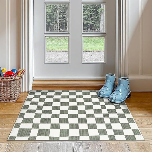 jinchan 2x3 Kids Area Rug Washable Indoor Entryway Doormat Modern Checkered Geometric Lattice Small Rug Non Slip Soft Carpet for Nursery Room Bedroom Bathroom Home Grey