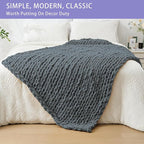Bigacogo Chunky Knit Throw Blanket for Couch, 40x60 inches, 100% Hand Knitted with Thick Jumbo Chenille Yarn, Cozy Soft Large Rope Knot Cable Crochet Blankets for Sofa Bed Living Room, Iron Gray