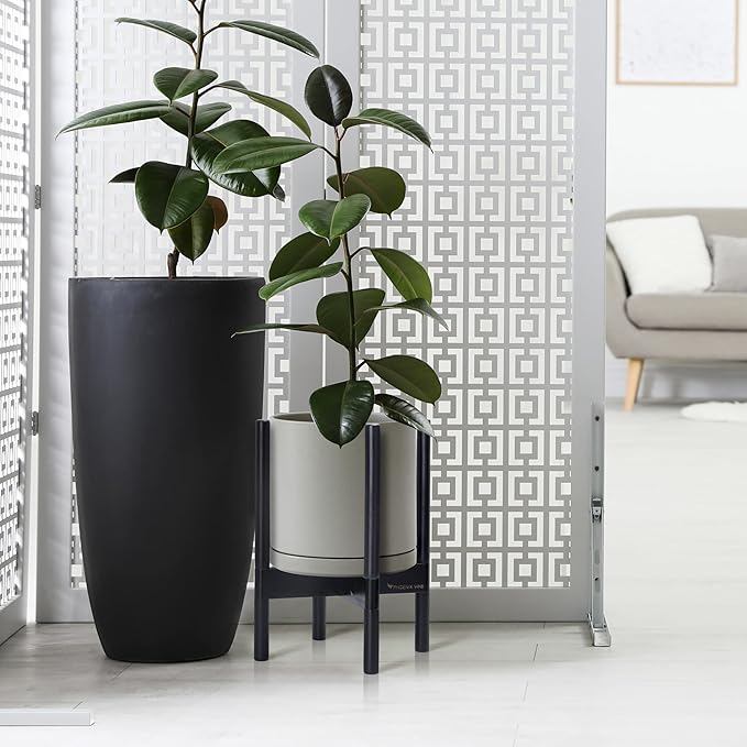 D'vine Dev Ceramic Planter with Ebony Stand - 10 Inch Modern Round Flower Pot with Wood Planter Holder, Grey, 55-B-L-3
