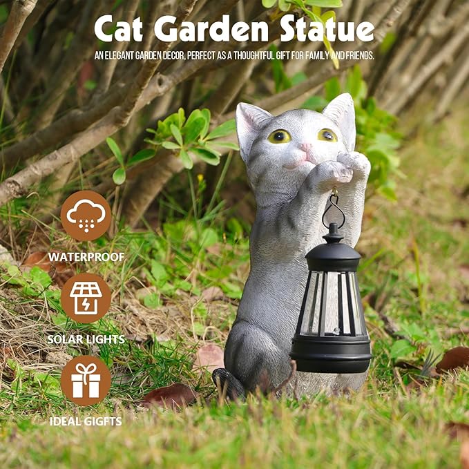 Solar Cat Garden Statue: Outdoor Cat Statues for Garden with Lights for Yard Art Lawn Ornaments Porch Patio Balcony Home House - Gardening Gifts for Women Grandma Mom