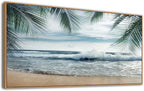 Framed Tropical Beach Wall Art - Ocean Waves Canvas Pictures Coastal Blue Sky and Sea Print Seaside Palm Tree Leaves Scene Painting Artwork Living Room Bedroom Office Home Decor 20" x 40"