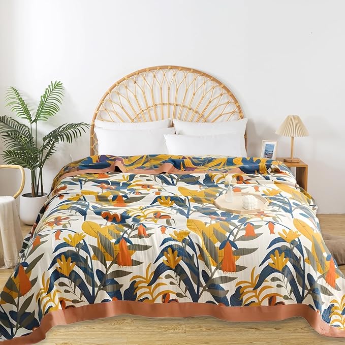 Boho Throw Blanket for Bed - 100% Pure Cotton Ultra Soft Rustic Quilt - Farmhouse Decor Bed Blankets, All Season Rustic Throw for Sofa Couch Chair(60"×80", Floral Sea)
