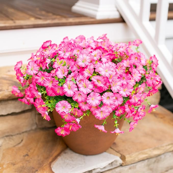 Artificial Flowers for Outdoors Fake Plants Outside Decoration, 12 Bundles Silk Pink Morning Glory with Eucalyptus UV Resistant Look Real Faux Flowers for Planter Front Door Yard Gardens Home