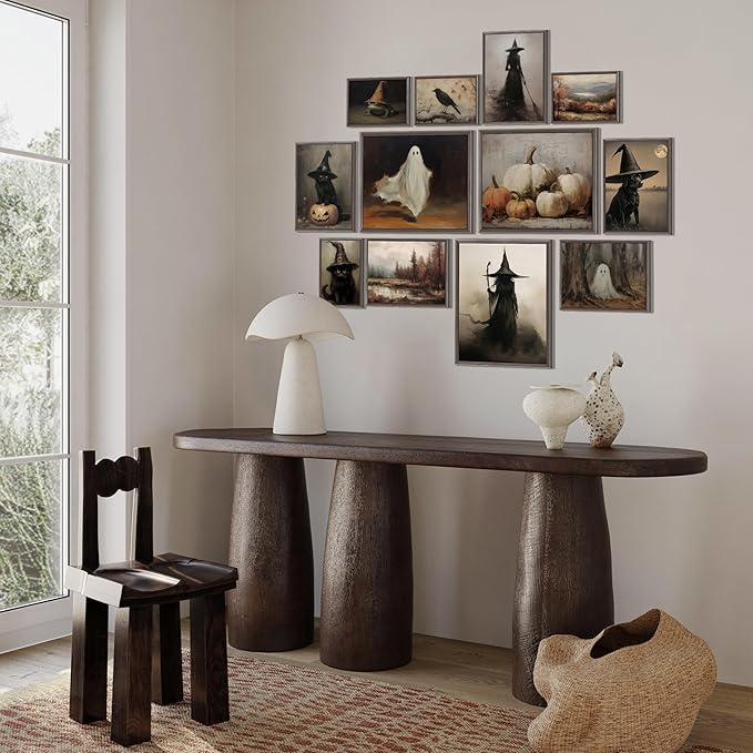 LANCHI95 12 Pcs Halloween Wall Art Prints, Vintage Witch Posters, Cute Ghost Pictures for Bedroom Decor (UNFRAMED)