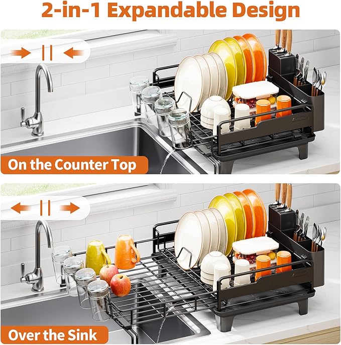 Extendable Dish Drying Rack, Multifunction Dish Rack for Kitchen Counter, Expandable Dish Drainer Over Sink, Large Dish Strainer with Cups Holder, 1 Tier Black