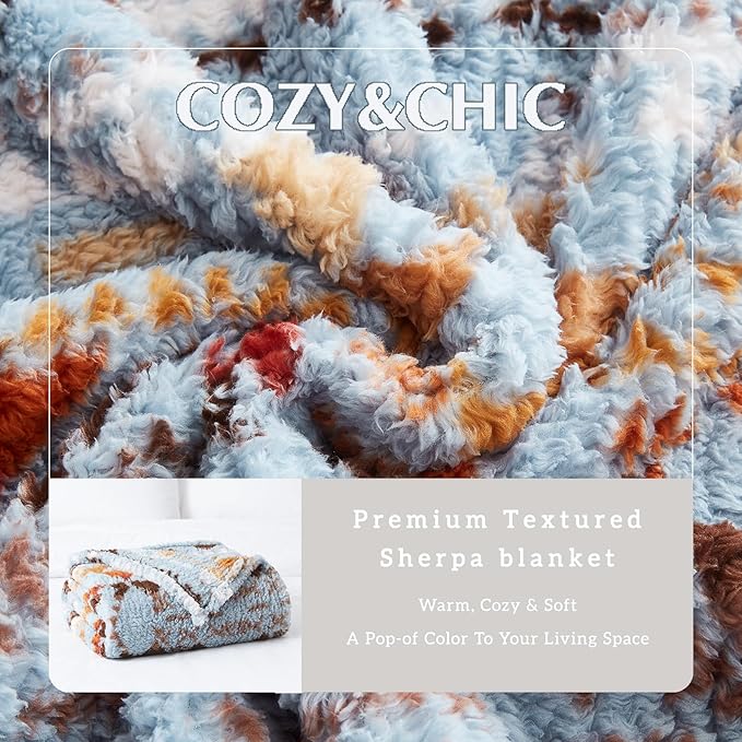 CASAAGUSTO Boho Sherpa Blanket,Teal Aztec Twin Blanket, Ultra Soft, Warm, Cozy, Plush, Thick Fleece Western Blanket for Couch, Bed, Sofa (Blue Grey 60 * 80 Inch)