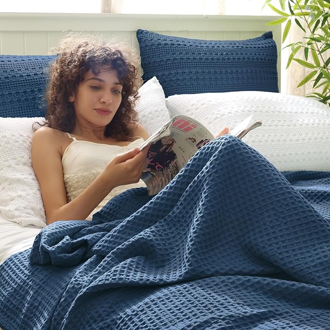 PHF Ultra Soft Waffle Weave Blanket Queen Size 90"x 90"- Washed Lightweight Breathablee Cozy Woven Blanket - Great for Couch Bed Sofa Home Car - Navy Blue