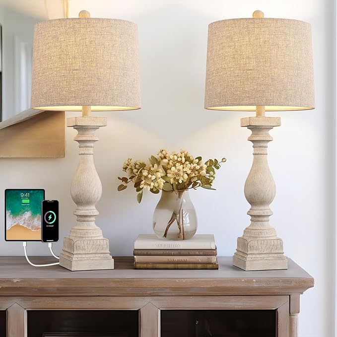 BOBOMOMO 27" Table Lamp with USB C+A Charging Ports Set of 2 Antique Nightstand Lamp for Bedroom Living Room Farmhouse Office Retro Rustic Resin Bedside Desk Lamps Washed White