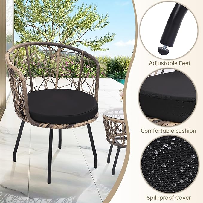 Kromax 3 Piece Bistro Set, Modern Outdoor Wicker Patio Furniture with Tempered Glass Table Top and 2 Chairs, Washable Cushions, Natural Rattan and Black Cushion