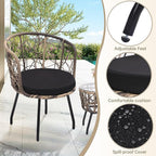 Kromax 3 Piece Bistro Set, Modern Outdoor Wicker Patio Furniture with Tempered Glass Table Top and 2 Chairs, Washable Cushions, Natural Rattan and Black Cushion