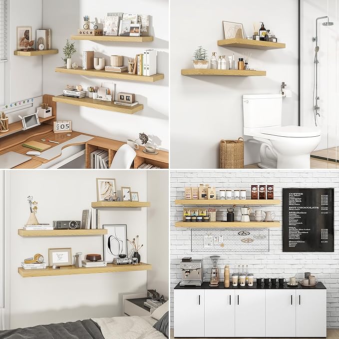 RICHFOCUS 55Inch Floating Shelves for Wall 1 Pack Shelves for Bedroom|Kitchen|Bathroom Wall Mounted Rustic Wood Floating Shelf with Invisible Brackets for Books|Storage|Decor, Oak