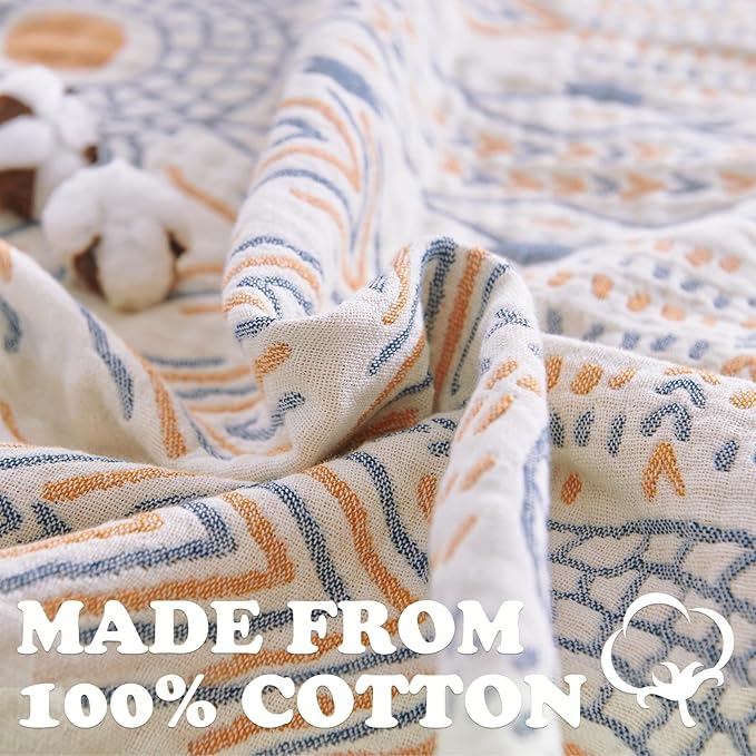 jinchan Boho 100% Cotton Muslin Twin Size 60x80 Throw Blanket Lightweight 4-Layer Orange Reversible Blanket Washable Breathable Geometric Striped Pattern Soft Comfy for Couch Bed Decor All Seasons