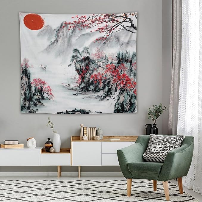Cherry Blossoms Tapestry,Japanese Red Landscape Asian Watercolor Abstract Art Tapestry, Asian Japanese Wall Tapestry, Nature Landscape Tapestries for Bedroom Living Room Decor 60"x50"